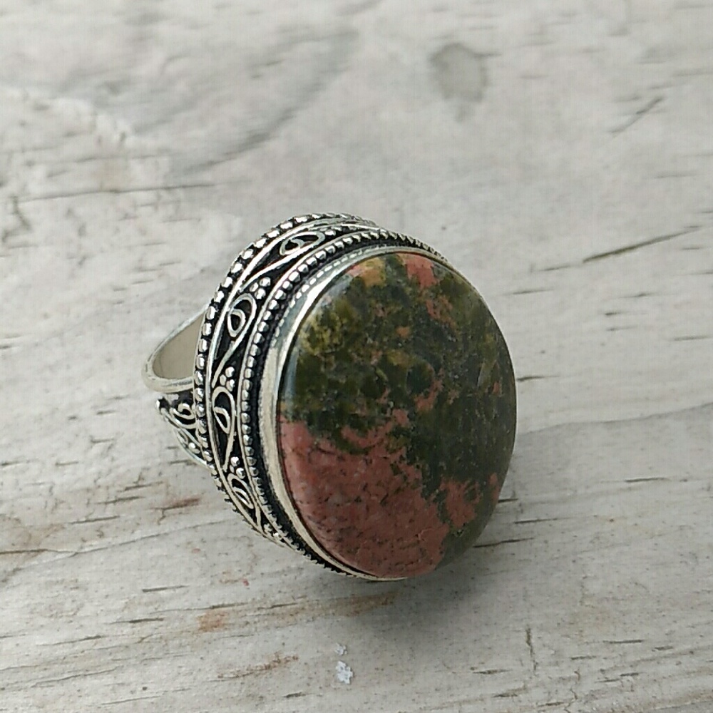 Genuine Unakite Gemstone Sterling Silver Ring
